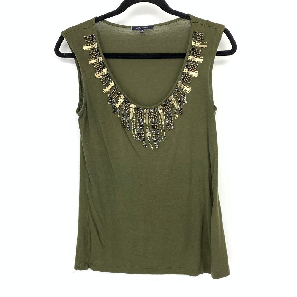 AK Anne Klein Scoop Neck Sleeveless Tank Top Womens Size M Green Beaded